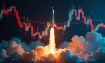 A silver rocket launches into a dark sky, trailing fire and smoke, with a red financial market chart in the background, signifying rapid growth.