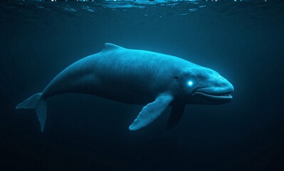 A luminous blue whale-like creature swims in the dark ocean depths, its eyes glowing brightly in the deep water.