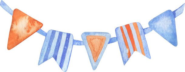 Watercolor illustration of garlands and flags. Colorful triangle flags on a rope for party decor.