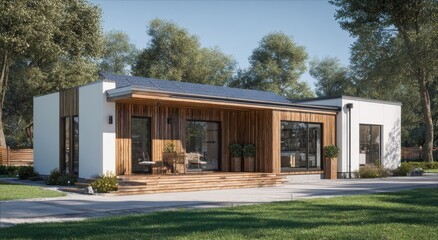 Fototapeta premium Modern, light-filled home with wooden exterior, solar panels, and covered patio