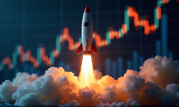 A small rocket launching with powerful flames and smoke against a backdrop of a digital financial market chart.