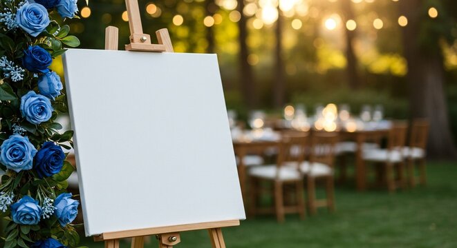 Blank canvas on easel, decorated with blue roses, awaiting masterpiece in sunny outdoor setting, tables set for dinner.