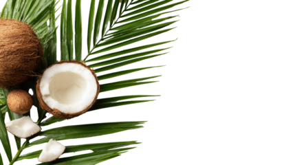 Coconut with palm leaves on a white background, showcasing a fresh and tropical vibe.
