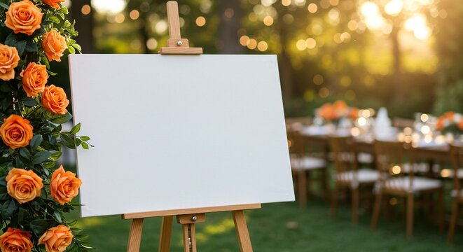 A decorated easel stands ready to welcome guests at an outdoor event, surrounded by roses and greenery.
