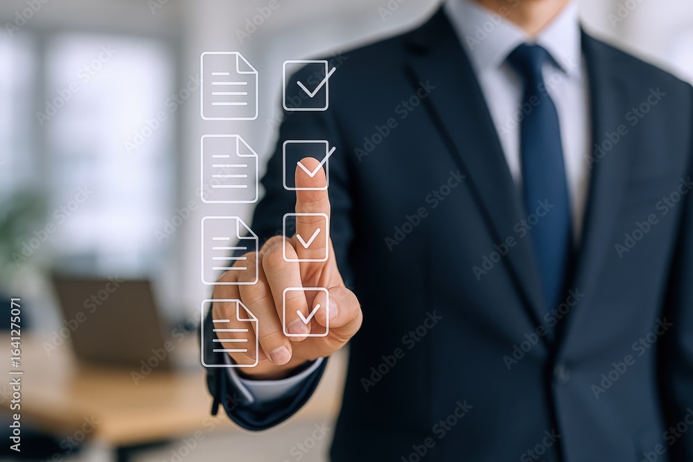 Poster businessman selecting choices on a digital checklist, emphasizing efficiency and successful task man