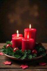 Burning advent wreath, four red candles, rustic wood , celebration, spiritual