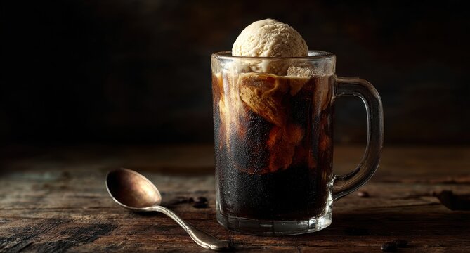 Vibrant photo of classic root beer float with vanilla ice cream and spoon.
