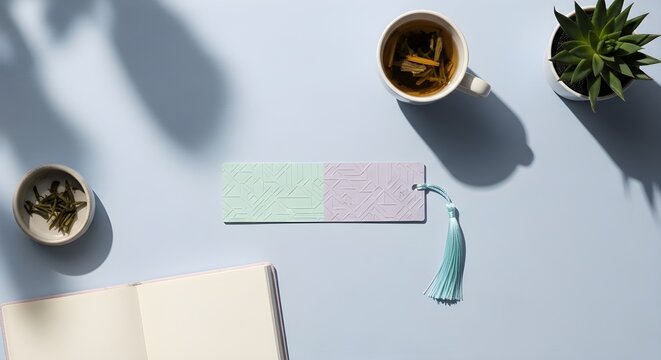 Open notebook tea cup with leaves succulent plant and patterned bookmark with tassel