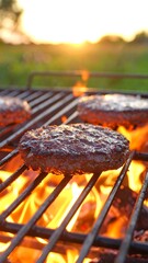 Burgers grilling outdoors at sunset