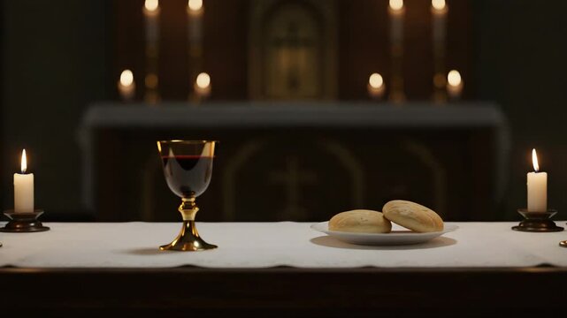Altar table with chalice and communion bread on white cloth  