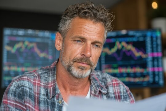 A focused man analyzing financial data with multiple charts in his home office setup.