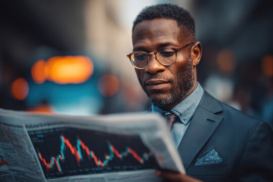Professional businessman intently reading financial news in a newspaper.