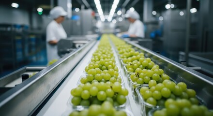 Fresh green grapes moving on production line in modern food packaging factory