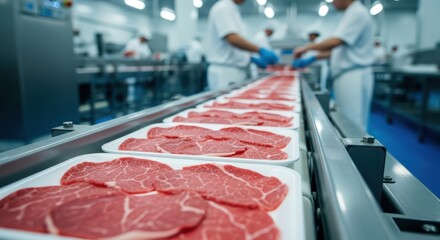 Raw beef steaks in trays on automated conveyor belt at modern meat processing plant