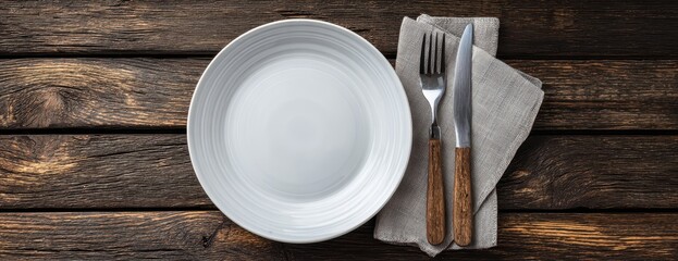 Empty white plate with cutlery and linen napkin on a rustic wooden table
