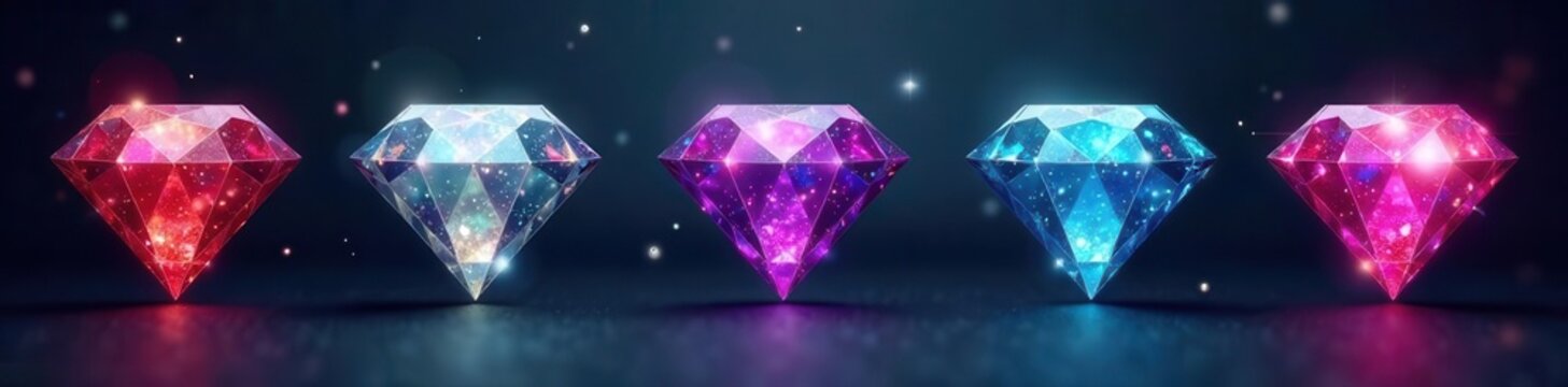 Variety of glittering diamond stickers on dark background , close-up, reflection, gems