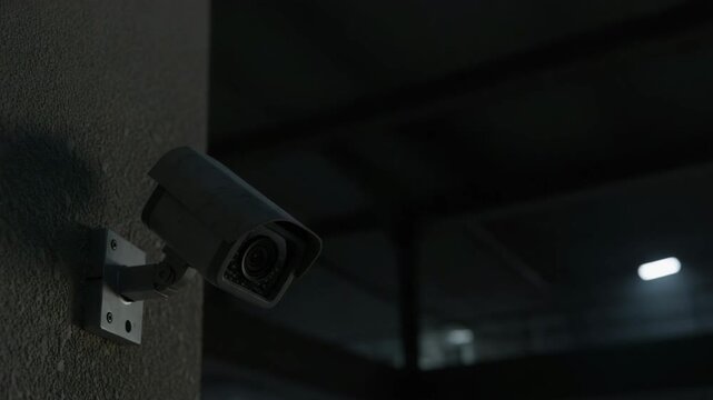 Surveillance camera mounted on wall in dark industrial setting  