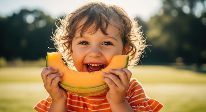 Beaming toddler enjoying a juicy cantaloupe slice in outdoor sunlight