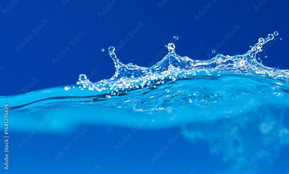 Poster vibrant blue water splashes dynamically, creating ripples and drops against a deep blue background. 