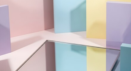 Fototapeta premium Geometric shapes in pastel colors with reflections on a mirrored surface