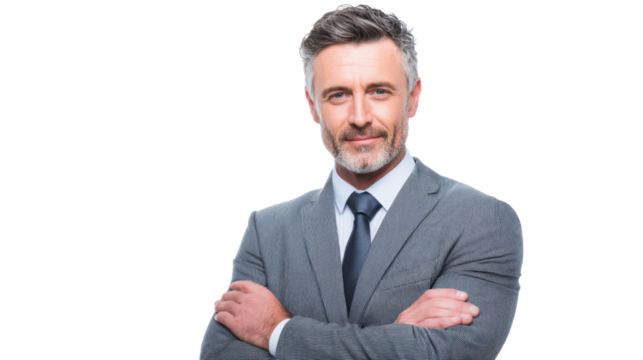 Confident businessman in gray suit standing with arms crossed, isolated on white background.