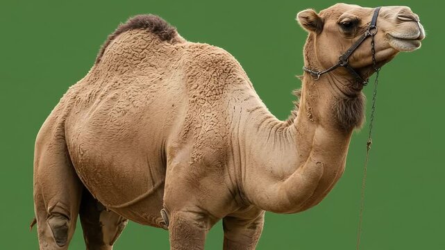 A close-up of a camel standing against a green backdrop, showcasing its features and texture