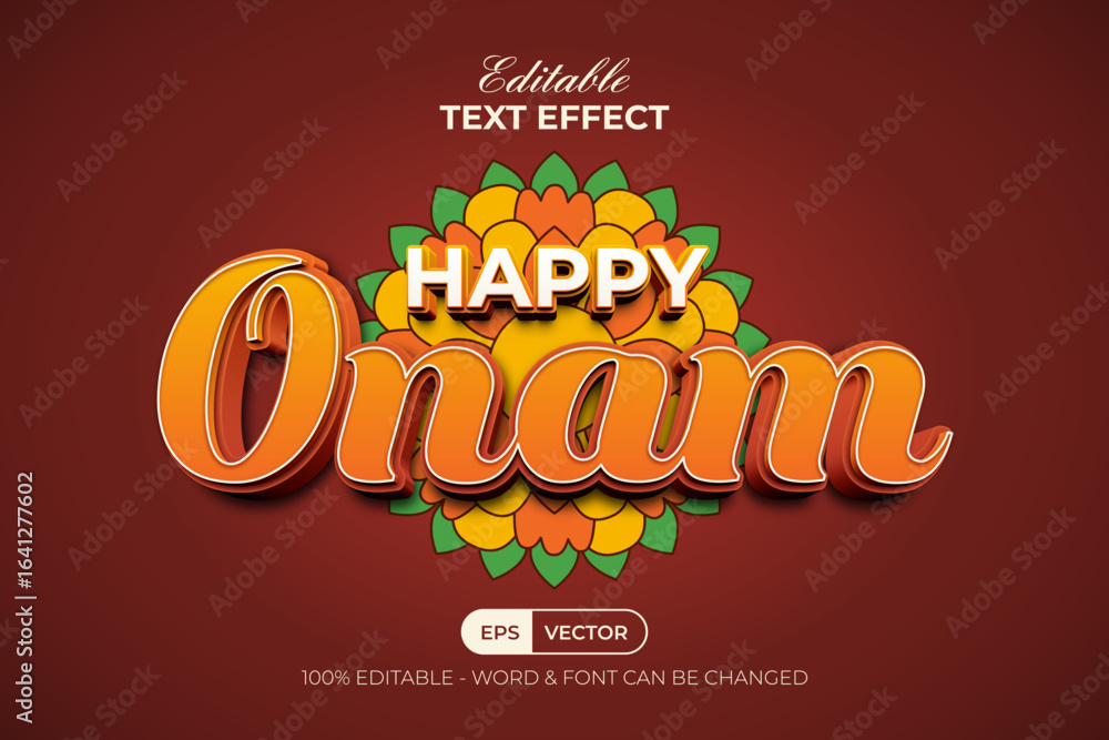 Poster happy onam text effect 3d style. editable text effect.