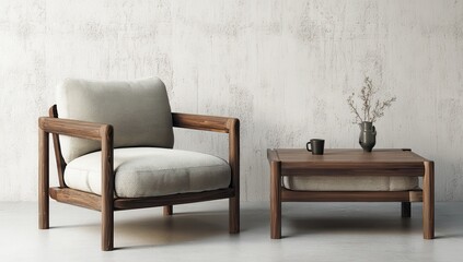 Beige armchair & wooden coffee table in modern room