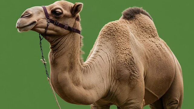 A close-up of a camel with a harness against a green background, showcasing its features and texture