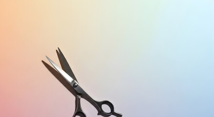 Silver professional hair scissors casting a shadow on a gradient background