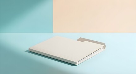 Stack of blank manila file folders with tabs on a light blue surface with peach background