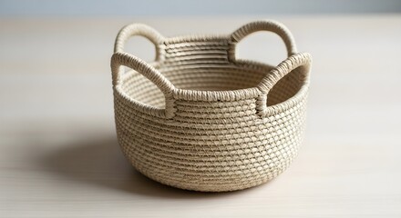 Small woven basket with two handles on a light wooden surface Natural Handmade