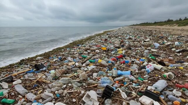 Waste and plastic debris scattered on a beach under cloudy sky   - Powered by Adobe