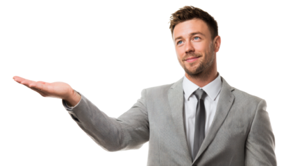 Confident man in suit extending hand, white isolated background, ready to engage in opportunity.