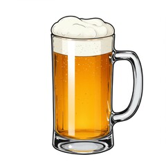 Full Beer Mug with Frothy Head, Yellow Golden Liquid, Crisp Glass, White Background