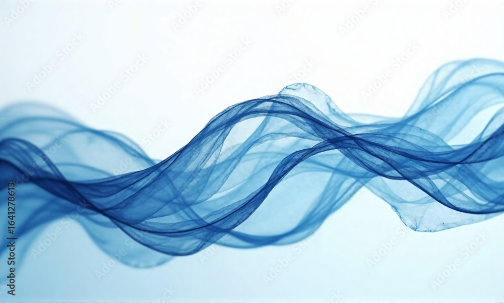 Poster ethereal blue wavy lines resemble flowing fabric or smoke, creating a graceful and soft abstract pat