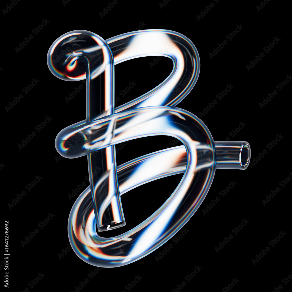 Poster glass 3d rendering letter b with transparent tubular form and glossy reflections featuring chromatic