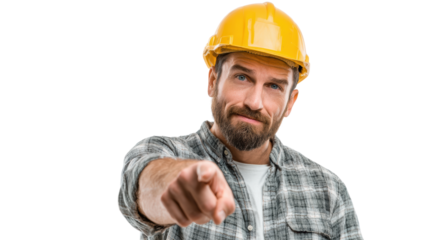Construction worker with yellow helmet pointing forward, white isolate background.