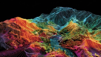 Colorful, digital landscape with mountains, valleys, and a river; wireframe texture
