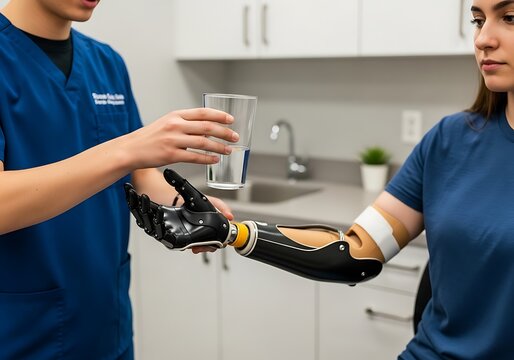 Healthcare professional assists patient with prosthetic arm