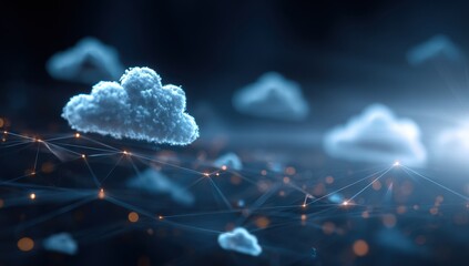 Abstract cloud computing concept, multiple light-blue fluffy cloud shapes interconnected by a network of lines and glowing points against a dark background