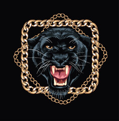 angry panther in gold chrome lace frame on black background vector illustration - created by hand drawn © tsuponk
