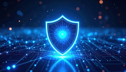 Blue Neon Shield Icon Floating Over Cybernetic Security Background