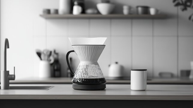 A sleek coffee dripper sits on a kitchen counter, accompanied by a white cup, creating a minimalist and modern aesthetic in a monochrome setting.