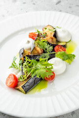 Elegant vegetarian appetizer with grilled eggplant, cherry tomatoes, herbs, and creamy sauce, artistically plated on a white dish over a gray textured background