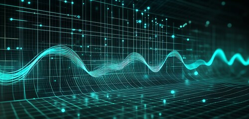 Futuristic holographic UI with data flow lines in teal against dark grid backdrop