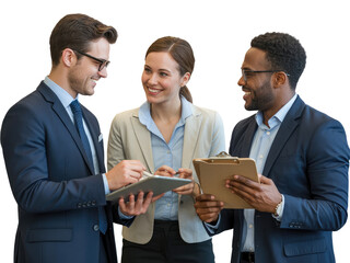 Three diverse professionals in business attire collaborating isolated on white transparent background png jpg business people clipping path cutout 2025 2026 4k full hd poster banner label download