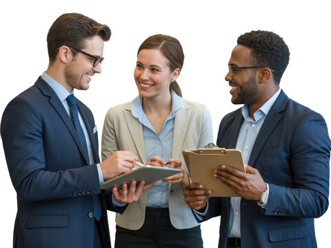 Three diverse professionals in business attire collaborating isolated on white transparent background png jpg business people clipping path cutout 2025 2026 4k full hd poster banner label download