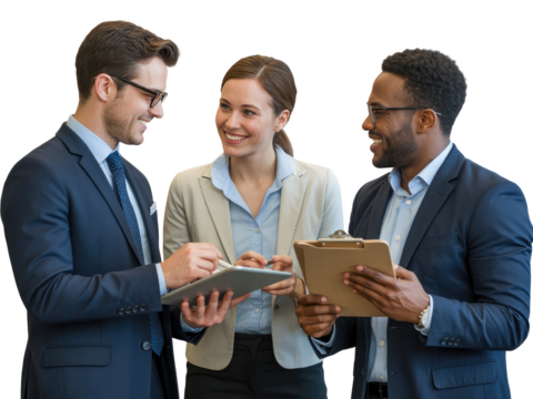 Three diverse professionals in business attire collaborating isolated on white transparent background png jpg business people clipping path cutout 2025 2026 4k full hd poster banner label download