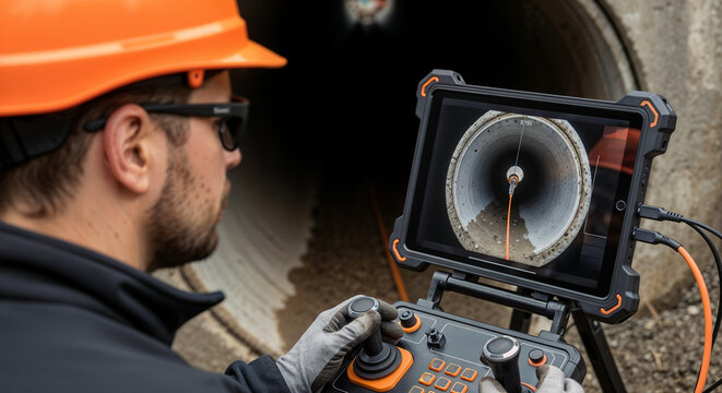 Sewer inspection with robotic crawler inside concrete pipe. Sewer inspection detects damages and defects through robotic control system.